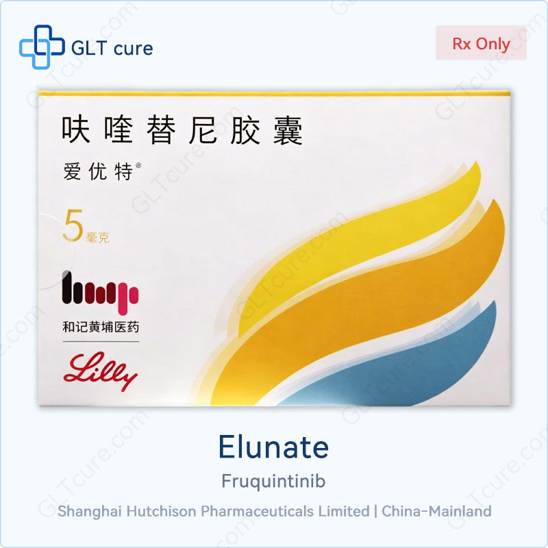 Elunate (Fruquintinib) 5mg capsules box by Hutchison MediPharma and Eli Lilly for metastatic colorectal cancer