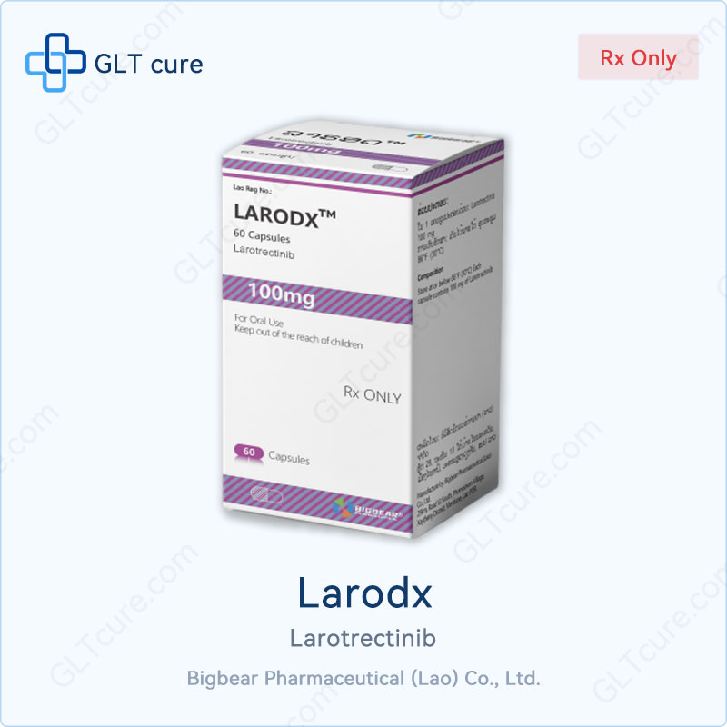 Larodx (larotrectinib) 100mg×60-capsule bottle by BigBear Pharmaceutical, TRK inhibitor for NTRK fusion-positive solid tumors, Laos